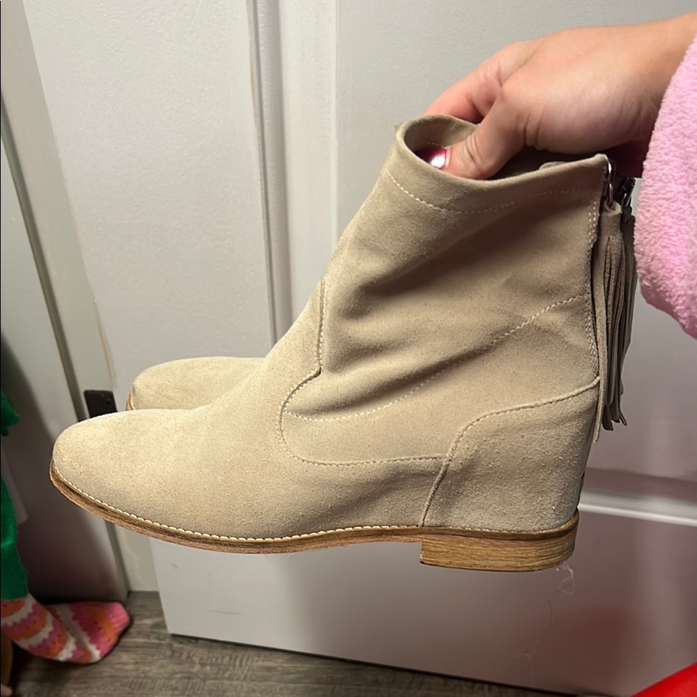 Women's Tan Italian Suede Ankle Boots with Small Heel (zipper in back)